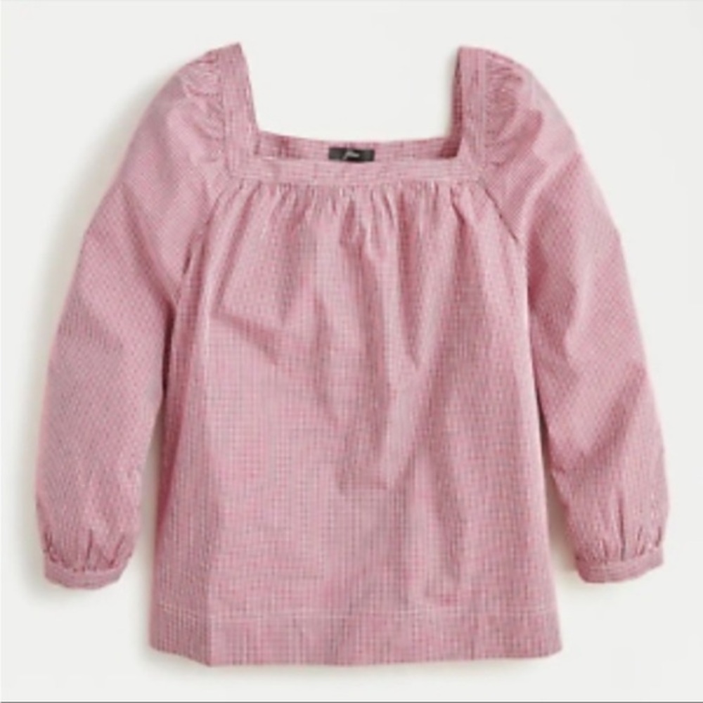 J. Crew Red White Penny Gingham Poplin Square Neck Top